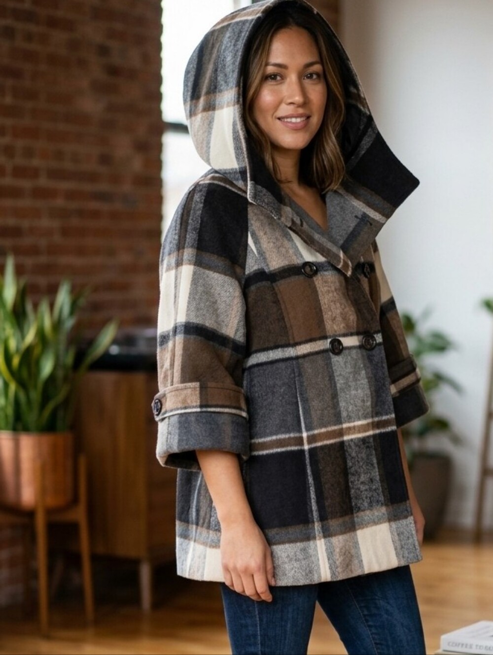 Anthropologie Elevenses Hampden Brown Plaid Hooded Wool Coat XS